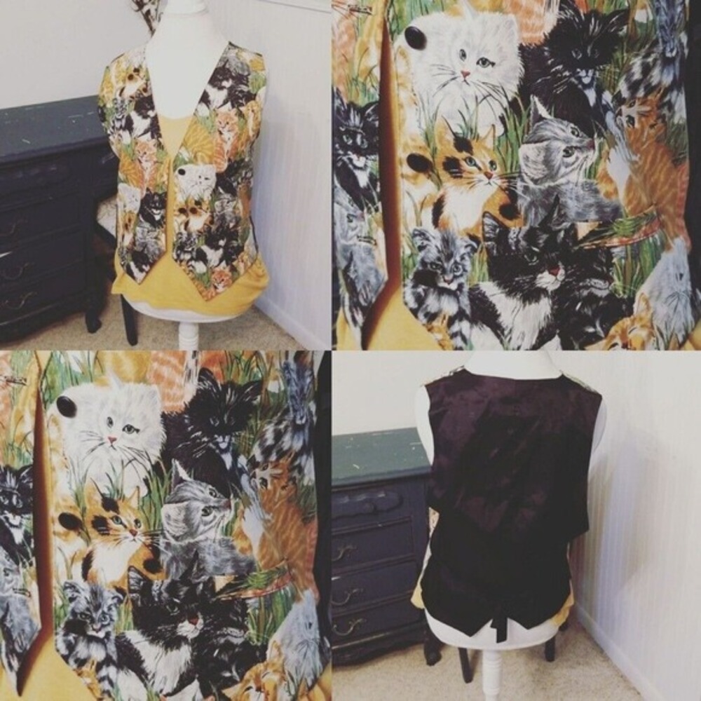 Vintage button front cat print‎ vest womens medium